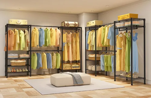 Vista 5 de SEMHOR E06 - Perchero extensible resistente para armario vertical, estantes de ropa independientes con estantes, sistema organizador de armario