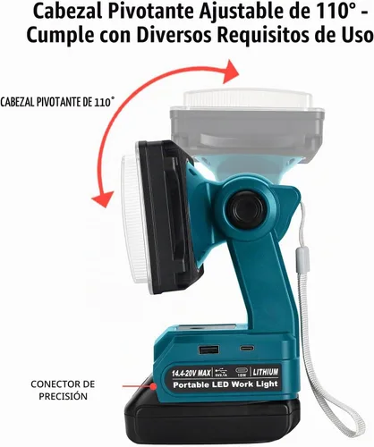 Vista 5 de Linterna de 18 W compatible con batería Makita de 18 V, reflector de 2000 lm de 18 V con puerto USB, puerto tipo C, cabezal giratorio de 110 grados