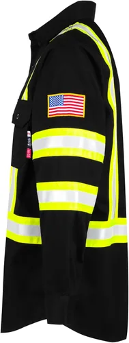 Vista 2 de BOCOMAL Camisas FR de alta visibilidad con botones de 7.5 onzas ANSI/ISEA tipo O Class1 resistente al fuego Hi Vis Refective Safety Jacket Negro