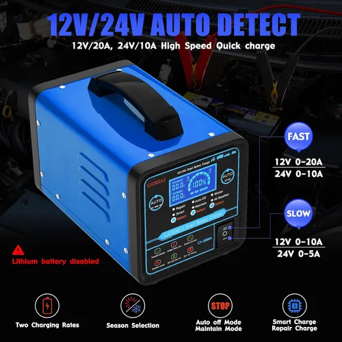 Vista 2 de Cargadores de batería de coche de 12 V/24 V resistentes, mantenedor de batería automático de 15 A con apagado automático, reparación, modo