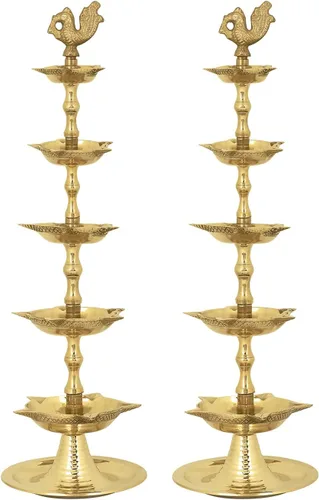 Vista 6 de SATVIK - 2 piezas de latón de pie Kerala Samai Diwali Deepak para Puja tradicional Panchmahal Pooja Deepam Diya lámpara de aceite Kutthu Vilakku