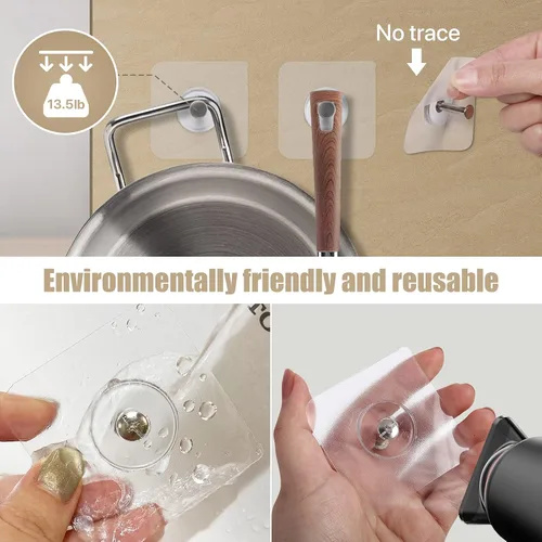 Vista 4 de Ganchos de pared adhesivos reutilizables de 13.5 libras (máx.) transparentes, impermeables y resistentes al aceite para baño y cocina, resistentes