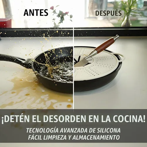 Vista 4 de Pantalla de silicona para sartenes, cubierta protectora contra salpicaduras de aceite con agujeros de filtro y alfombrilla resistente al calor, se