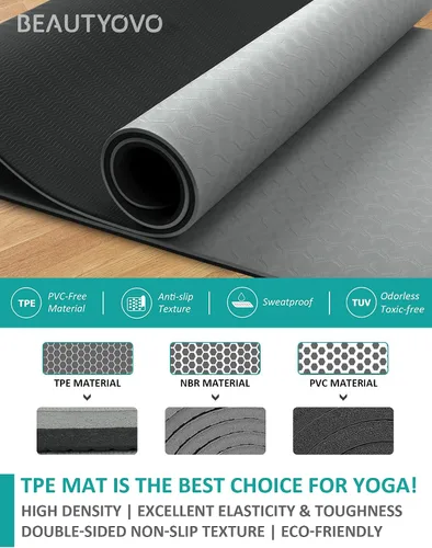 Vista 6 de Tapete de yoga con correa, 1/3 pulgadas extra gruesa, de doble cara, antideslizante, tapetes profesionales de TPE para mujeres y hombres, tapete