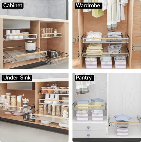 Vista 7 de Paquete de 1 organizador de gabinete extraíble expandible, cajones deslizantes para armarios de cocina, guías de cajones resistentes para el hogar