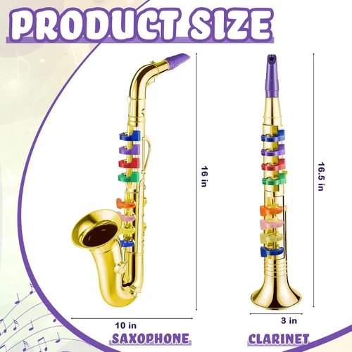 Vista 2 de Lewtemi Juego de 2 instrumentos musicales de juguete que incluye saxofón + 8 teclas de saxofón dorado instrumentos musicales de plástico para niños