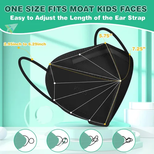 Vista 3 de XDX Mascarillas KN95 para niños, paquete de 100 mascarillas desechables negras envueltas individualmente, mascarillas KN95 de 5 capas para niños