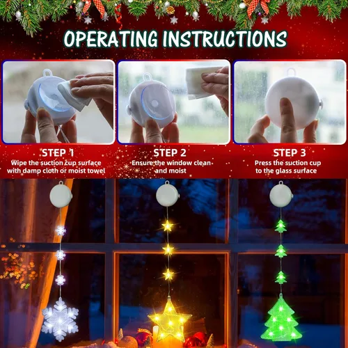 Vista 5 de 3 piezas de luces de ventana de Navidad - Decoraciones de ventana de Navidad con pilas con luces en forma de árbol, copo de nieve y estrella