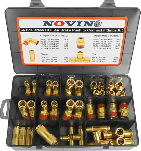 Vista 3 de Kit de surtido de 36 piezas de accesorios de línea de freno de aire DOT de latón 1/4" 3/8" 1/2", accesorios de conexión de empuje para reparación