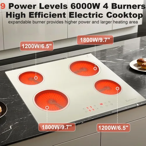 Vista 4 de Karinear Placa de cocina de cerámica beige y blanca de 60 cm, vitrocerámica eléctrica con control táctil, temporizador de 99 minutos, bloqueo