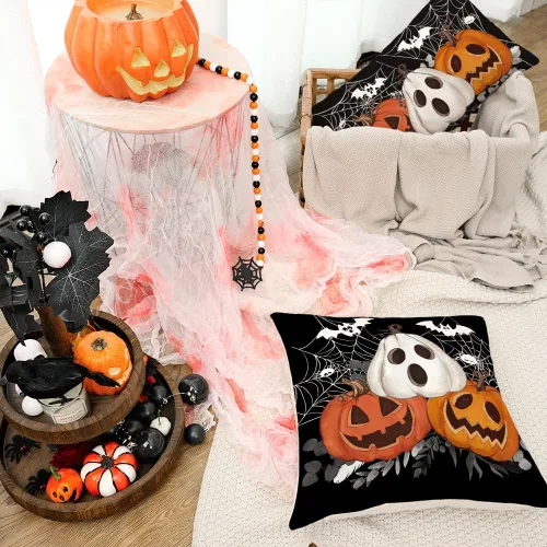 Vista 5 de AACORS AA601-16 - Funda de almohada de Halloween de 16 x 16 pulgadas, decoración de tela de murciélago de Jack-o'-Lantern, fundas de almohada
