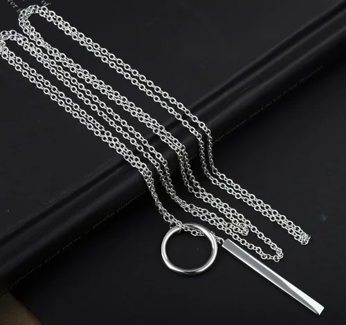 Vista 3 de SLeaf Collar de plata de ley con barra de lariat y círculo abierto collar largo con barra vertical plata 58