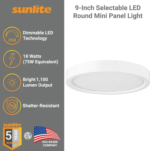 Vista 2 de Sunlite Mini panel redondo LED de 9 pulgadas, 18 W (75 W = ), 1100 lúmenes, 30K/40K/50K CCT seleccionable, regulable, acabado blanco, vida útil