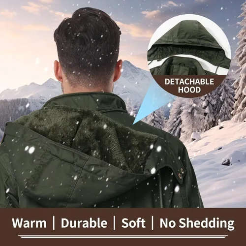 Vista 6 de Chaquetas gruesas de invierno para hombre, con forro polar, chaquetas gruesas con capucha, chaquetas de trabajo, abrigo de algodón militar
