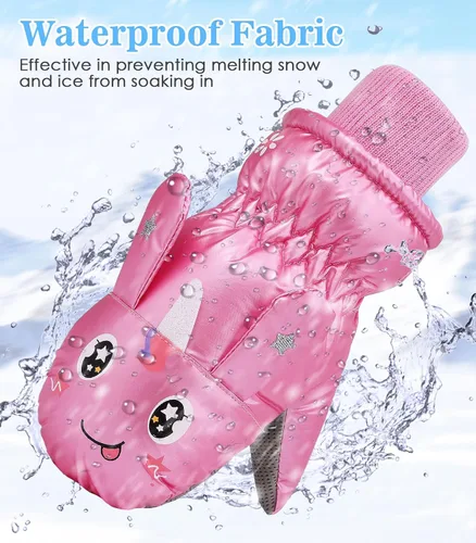 Vista 3 de MoKo Guantes de nieve para niños pequeños, guantes cálidos de forro polar coral para niños con hebillas de unión, guantes de esquí impermeables