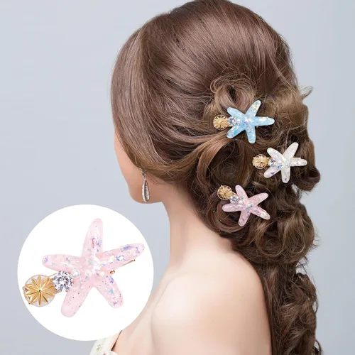 Vista 4 de PAGOW 3 pinzas para el cabello con estrella de mar, pinzas para el cabello de cristal, soporte para cola de caballo de estrella de mar, accesorios