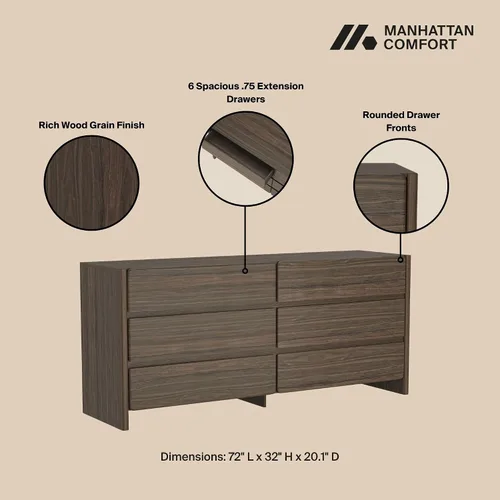 Vista 5 de Manhattan Comfort Linda - Cómoda moderna doble ancha para dormitorio con 6 cajones de almacenamiento, armario de madera de 72 pulgadas de largo