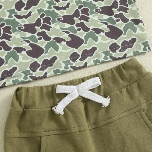Vista 84 de Ropa de bebé niño sin mangas + pantalones cortos con estampado a rayas con bolsillos, 2 piezas de trajes de verano