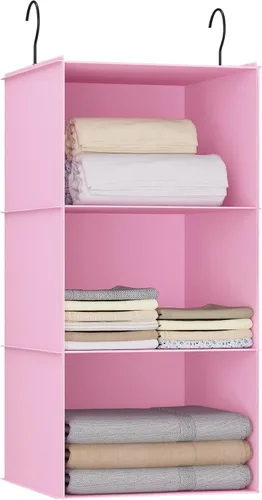 Vista 34 de Organizador colgante para armario y almacenamiento con 3 estantes, estantes colgantes plegables de montaje fácil para guardar ropa, bolsos, zapatos