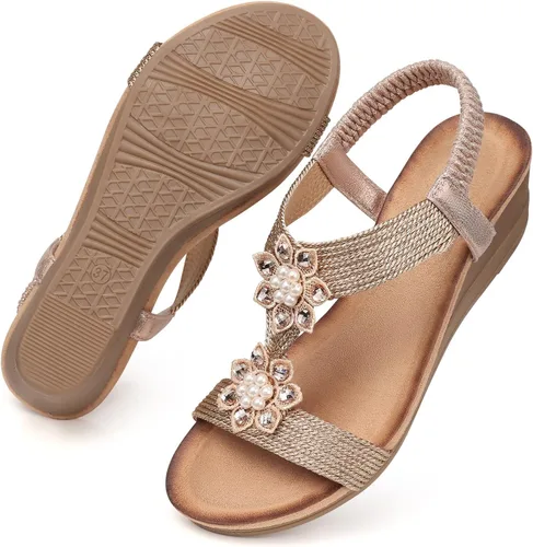 Vista 2 de SHIBEVER Sandalias de cuña para mujer, de verano, elegantes, cómodas, de moda, para caminar, correa al tobillo y hebilla