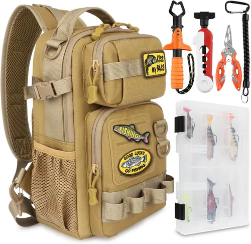 Vista 10 de Dovesun Mochila de pesca pequeña con cajas de aparejos, bolsa de pesca con parches bordados de bricolaje, bolsa de aparejos de regalo para hombres