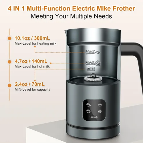Vista 5 de BIZEWO Espumador de leche eléctrico, vaporizador de leche caliente y fría, calentador de leche automático 4 en 1 de acero inoxidable con pantalla
