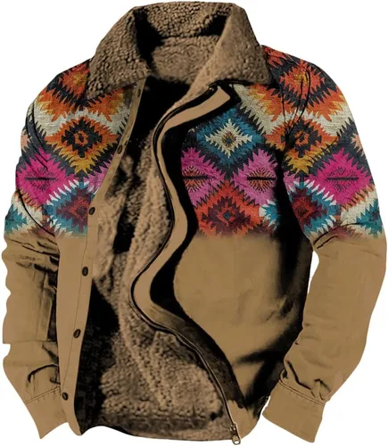 Vista 28 de LOAIHA Chaqueta de invierno para hombre, chaqueta azteca occidental para hombre, con cremallera, forro polar cálido, chaqueta vaquera, étnica vintage