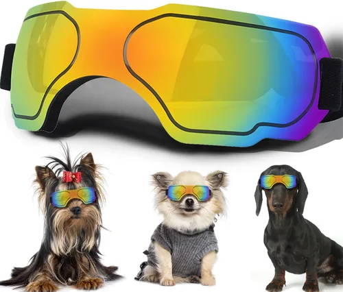 Vista 23 de Gafas de sol para perros pequeños, gafas para perros con correa ajustable, protección UV, adecuadas para perros pequeños Estilo liso-Multicolor