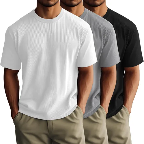 Vista 7 de Huukeay Paquete de 3 camisetas para hombre, cuello redondo, manga corta, de punto acanalado, camisetas casuales elegantes