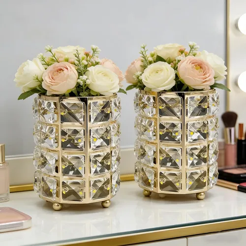 Vista 2 de Organizador de brochas de maquillaje, caja de almacenamiento de cosméticos con cristales brillantes para cepillos, peines y bolígrafos, contenedor