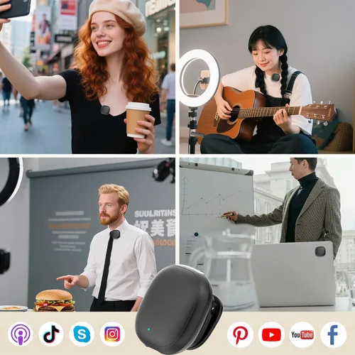 Vista 6 de Micrófono de teléfono con filtro de ruido AI, micrófonos inalámbricos Lavalier para iPhone 17 Android con funda de carga, micrófono de solapa