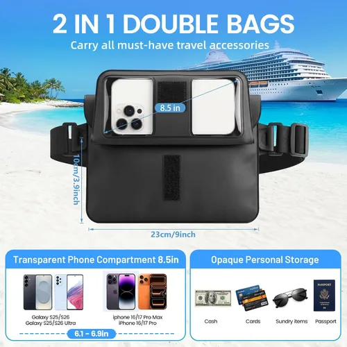 Vista 5 de Niveaya Paquete de 2 riñoneras impermeables para mujeres y hombres, IPX8, bolsa impermeable para cinturón seco para playa, kayak, natación, pantalla