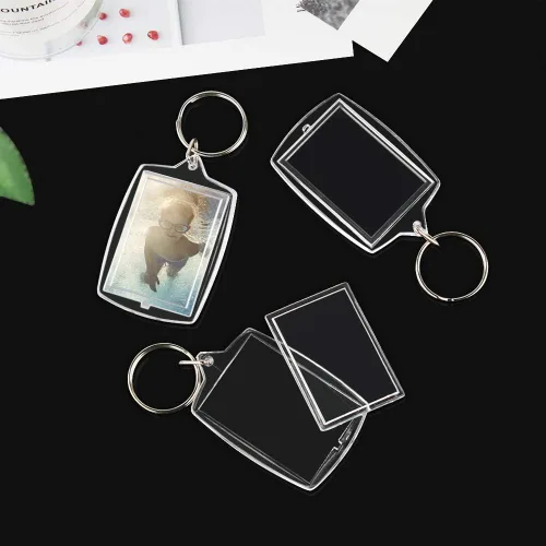 Vista 6 de 30 llaveros para insertar fotos, llaveros acrílicos transparentes en blanco, marco de fotos con anillo dividido para tamaño personalizado