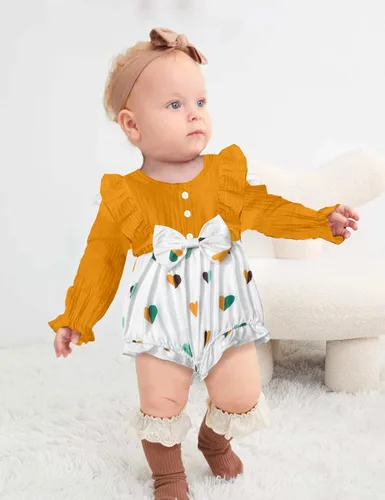 Vista 2 de Ropa de bebé niña con volantes de manga larga de algodón y lino con botón + diadema 2 piezas de otoño para bebé niña