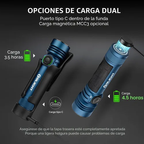 Vista 4 de OLIGHT Seeker 4 Pro - Linternas recargables de 4600 lúmenes, luz brillante de alta potencia con funda USB C, impermeable IPX8 para emergencias, Azul