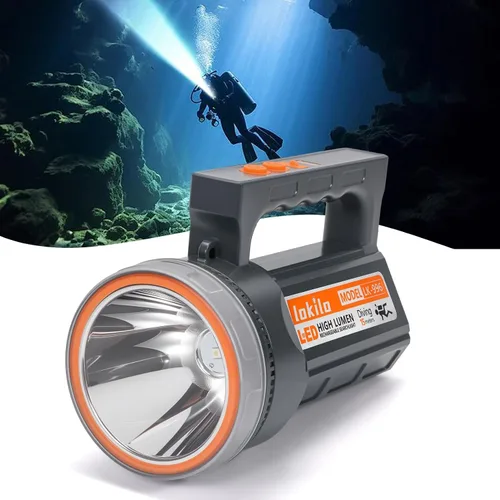Vista 9 de Linterna de buceo recargable con pantalla de alimentación, IP68 impermeable y sumergible, interruptor doble, 4 modos, reflector LED portátil
