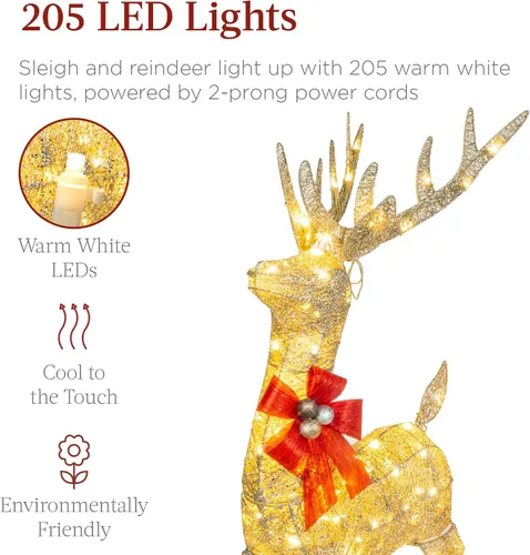 Vista 4 de Best Choice Products Decoración de Navidad iluminada de 4 pies con reno y trineo para exteriores, juego de decoración de patio con 205 luces LED