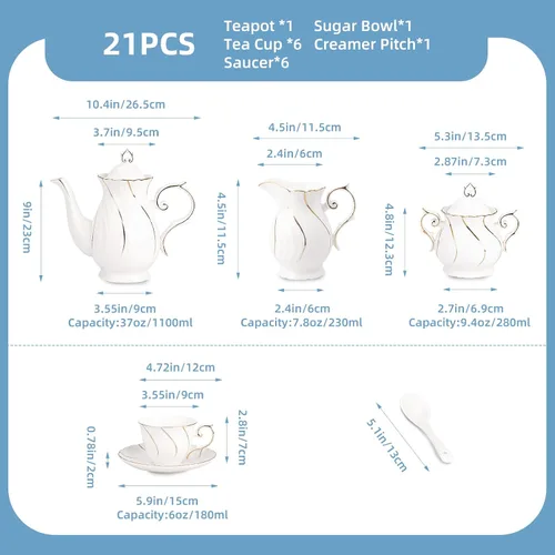 Vista 5 de Agyiuns Juego de té de 21 piezas de tazas de té y platillos de cerámica, juego de 6 con azúcar y crema y tetera, juego de tetera para adultos