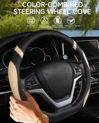 Vista 3 de Cxtiy Funda de volante con parte inferior plana en forma de D para mujeres y niñas, accesorio de coche elegante (beige)