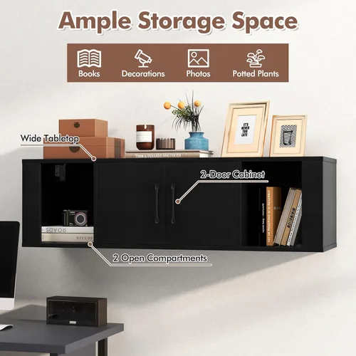 Vista 4 de Giantex - Gabinete de almacenamiento montado en la pared de 2 cubos, estante flotante para medios y escritorio con 2 puertas y 2 estantes abiertos