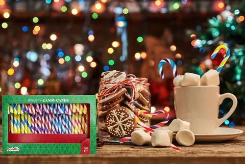 Vista 4 de Bastones de caramelo de Navidad, sabor afrutado multicolor arcoíris, envueltos individualmente (paquete de 48)