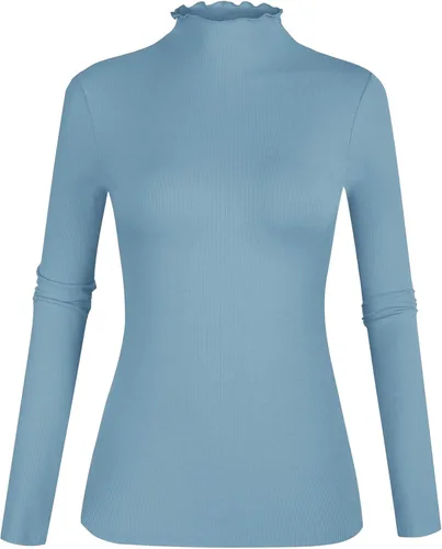 Vista 14 de POPZONE - Camiseta de manga larga con cuello alto falso, ajustada, de punto acanalado con ribete de lechuga para mujer