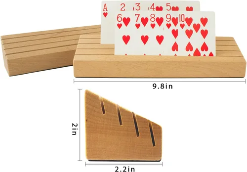 Vista 2 de VINJOE Paquete de 2 soportes de madera para naipes organizadores para niños y adultos mayores, soportes para cartas de madera de haya maciza