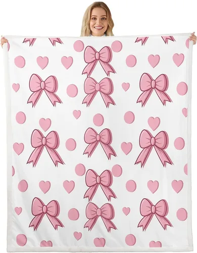 Vista 7 de Manta de franela de forro polar con lazos rosados femeninos de 40 x 50 pulgadas, manta mullida de corazones para el día de San Valentín para sofá