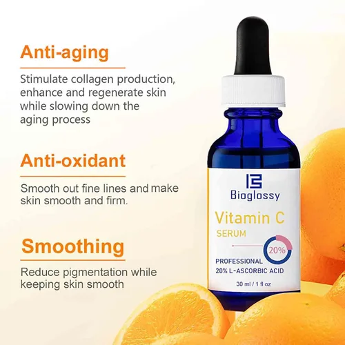 Vista 7 de Suero de vitamina C al 20 %, suero facial profesional de vitamina C antienvejecimiento, mejora el resplandor de la piel, reduce las líneas finas