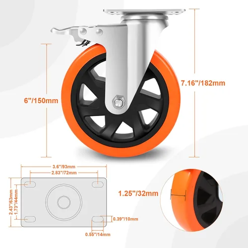 Vista 5 de W B D WEIBIDA 6 inch Caster Wheels with Dual Locking, Casters Set of 4 Heavy Duty of 2400lbs, Premium Polyurethane No Noise Wheels for Cart