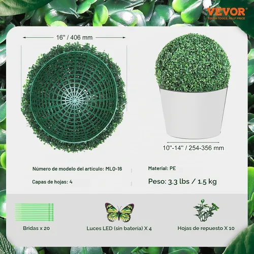 Vista 8 de VEVOR 2 bolas artificiales de 16 pulgadas, bolas de boj de imitación de 4 capas, bolas decorativas de plantas sintéticas verdes para todo el año