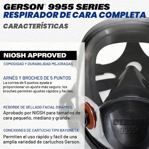 Vista 2 de GERSON Respirador de cara completa de silicona tamaño único compatible con todos los cartuchos