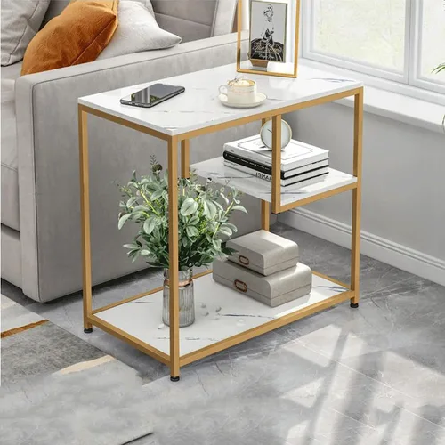 Vista 2 de Mesa Auxiliar Rectangular Marbling Side Table Light Luxury Sofa End Table Slim Accent Coffee Table w/Metal e for Small Spaces Living Room Bedroom