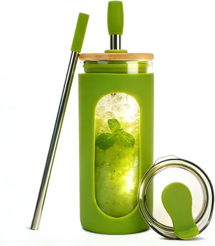 Vista 28 de Sursip - Vaso de vidrio de 20 oz con tapas y popotes, taza de café helado reutilizable de vidrio de borosilicato con tapa de bambú para batido, jugo